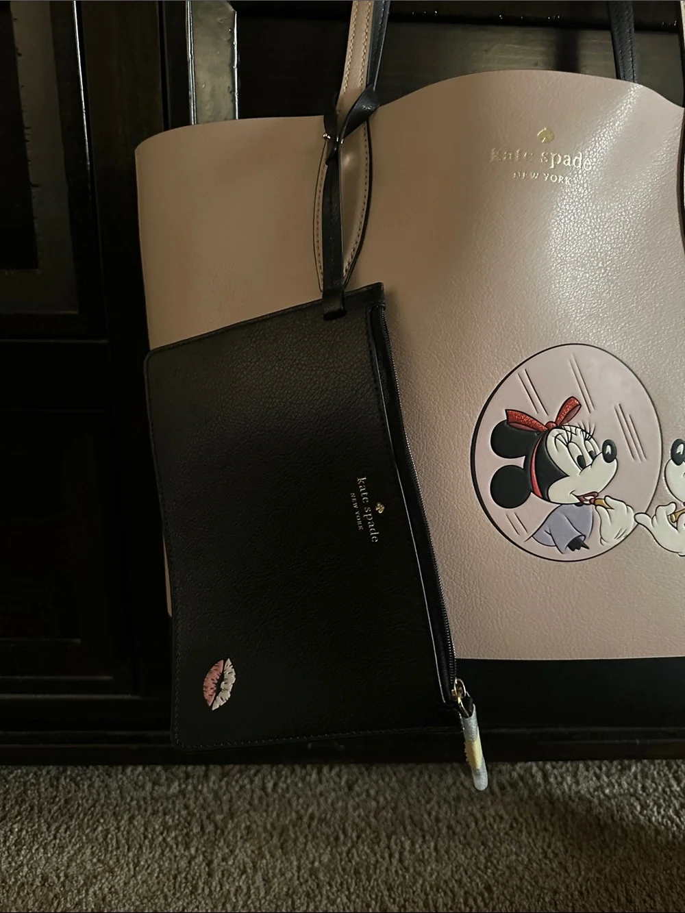 kate spade blush pink Minnie Mouse Leather Tote with Black Base